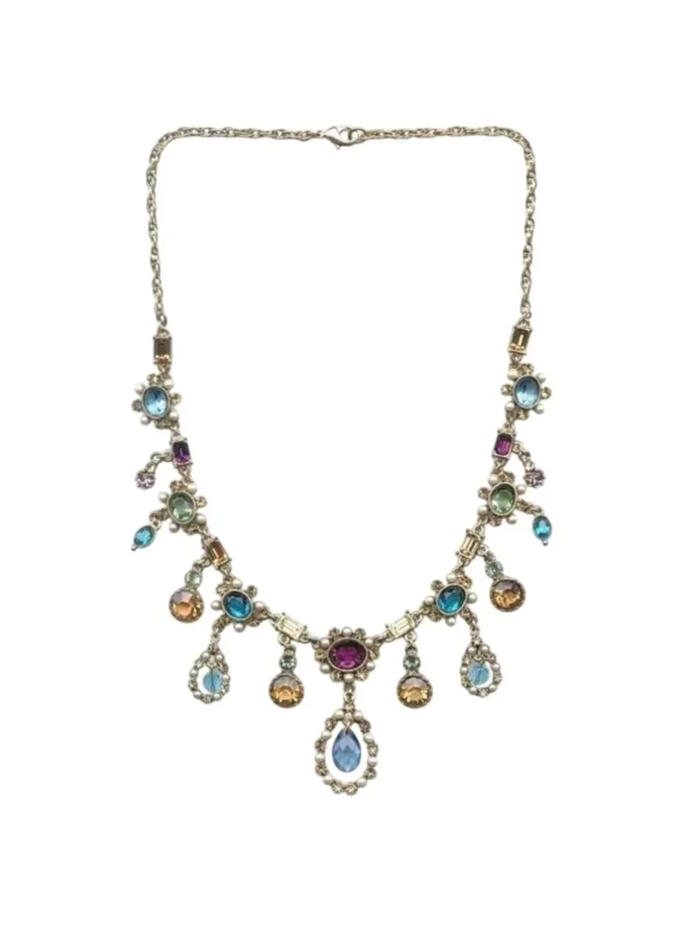 Statement Necklace Multicolor Teardrop Crystals & Pearl Pendants Gold Tone - Picture 2 of 3